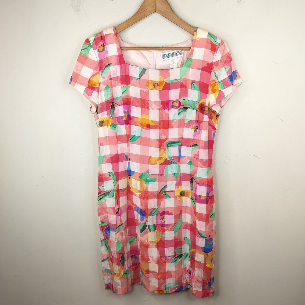Jessica Howard Vintage Floral Check Dress 12 Short Sleeve Retro Art Sheath